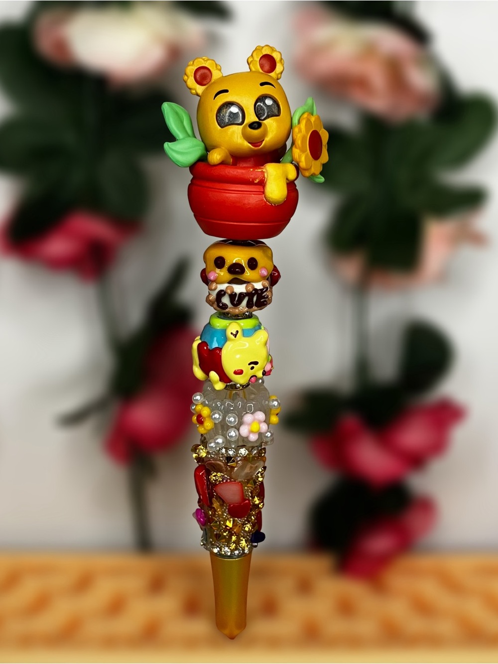 Winnie the Pooh Upcycled Doorables in Full Bloom Colorful Handmade Beaded Pen